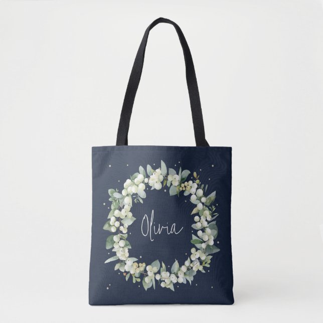 Personalized Navy Snowberry+Eucalyptus Wedding Tote Bag (Front)