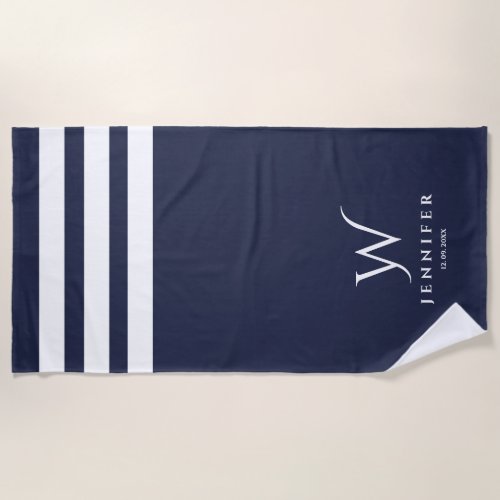 Personalized Navy stripes Beach Towel