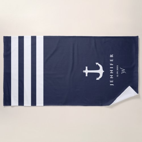 Personalized Navy stripes Beach Towel