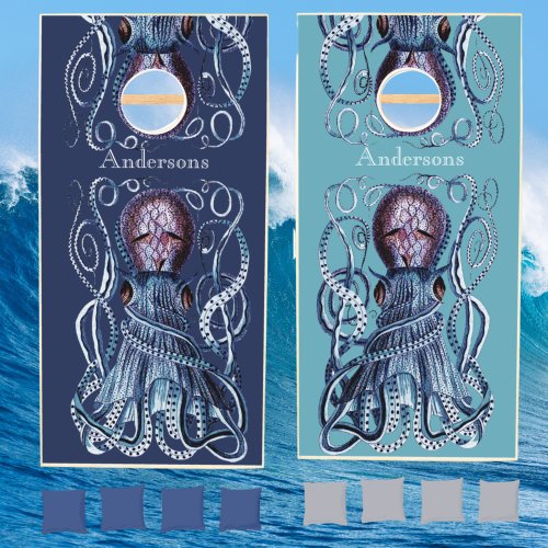 Personalized  Navy  Teal Blue Nautical Octopus Cornhole Set