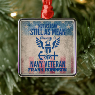 Personalized Navy Veteran Distressed USA Flag Metal Ornament