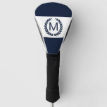 Personalized Navy &amp; White Laurel Wreath Monogram Golf Head Cover at Zazzle