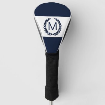 Personalized Navy & White Laurel Wreath Monogram Golf Head Cover by StripyStripes at Zazzle
