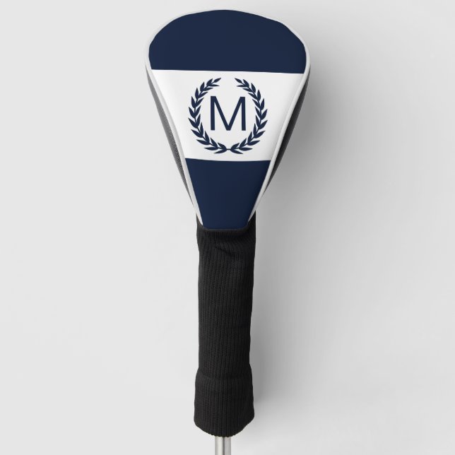 Personalized Navy & White Laurel Wreath Monogram Golf Head Cover (Front)