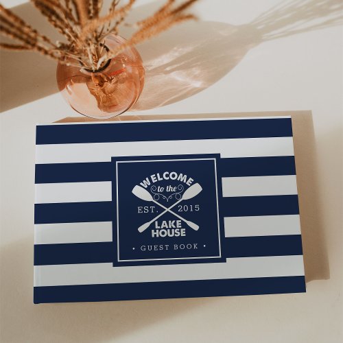 Personalized Navy  White Stripe Lake House Guest Book
