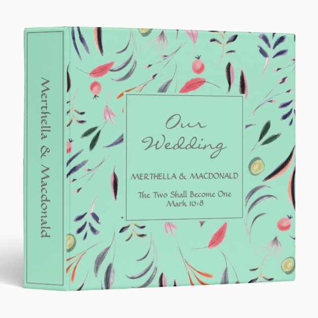 Personalized Neo Mint Floral OUR WEDDING 3 Ring Binder (Front/Spine)