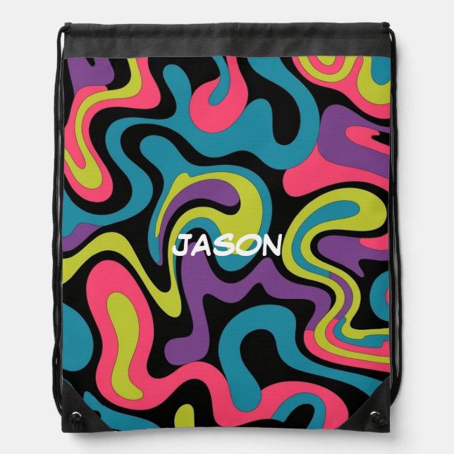 Personalized Neon Abstract Pattern — Retro Design Drawstring Bag (Front)