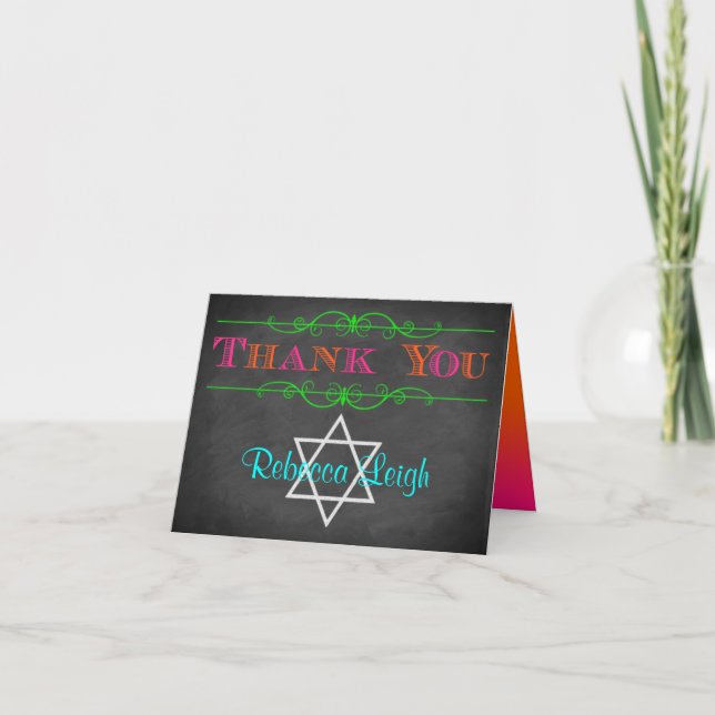 Personalized Neon Bat Mitzvah Thank You Card (Front)