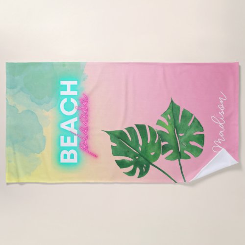 Personalized Neon Beach Please Palm Bachelorette Beach Towel