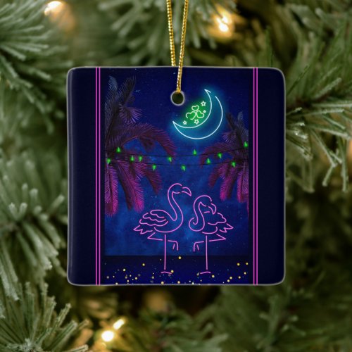 Personalized Neon Flamingo Couple Beach Christmas Ceramic Ornament