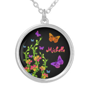 Personalized Neon Floral & Butterflies Necklace