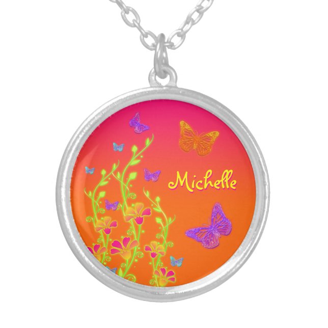 Personalized Neon Floral & Butterflies Necklace (Front)