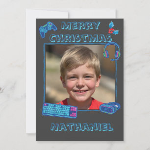 Personalized Neon Gamer Photo Flat Christmas Holiday Card