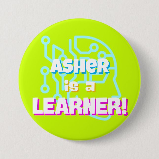 Personalized Neon Green Blue Learning Affirmation Button (Front)