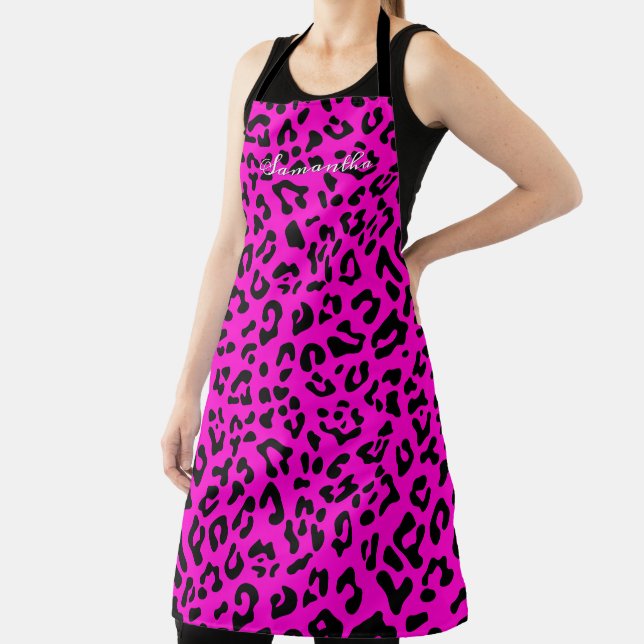 Personalized Neon Hot Pink and Black Leopard Spots Apron (Insitu)