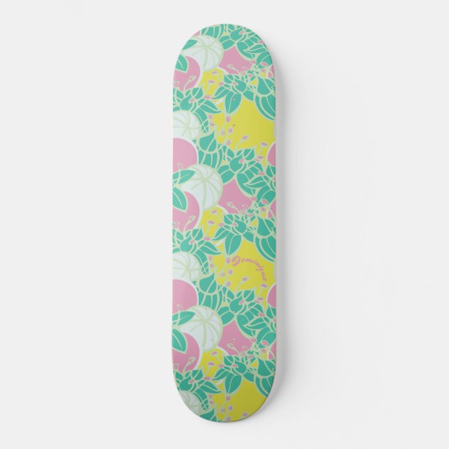 Personalized Neon Modern Bud & Flower Pattern Skateboard (Front)