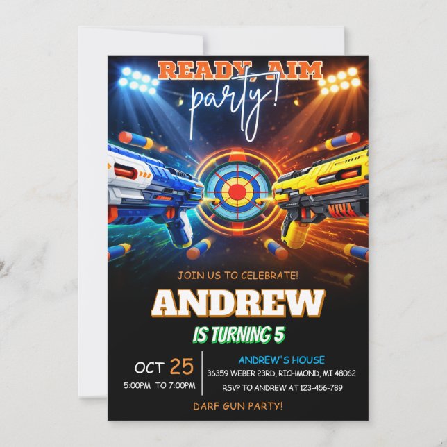 Personalized Neon Nerf Dart Birthday Invitations (Front)
