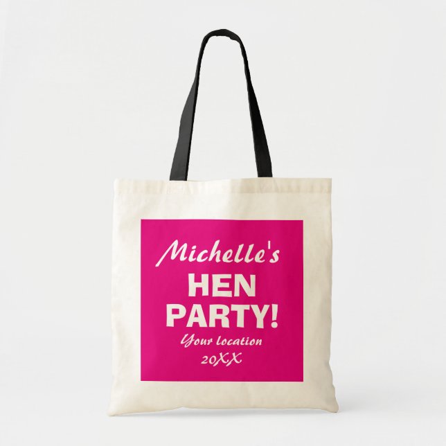 Personalized neon pink hen party night tote bags (Front)