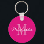 Personalized neon pink monogram button keychain<br><div class="desc">Neon pink and white name monogram round button keychain. Classy script typography and custom background color. Elegant key chain design for women and girls. Monogrammed with your own unique name initial letter. Cute wedding party favor or Birthday gift idea. Also nice for bridal shower,  reunion,  bachelorette,  girls weekend etc.</div>