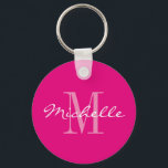 Personalized neon pink monogram button keychain<br><div class="desc">Neon pink and white name monogram round button keychain. Classy script typography and custom background color. Elegant key chain design for women and girls. Monogrammed with your own unique name initial letter. Cute wedding party favor or Birthday gift idea. Also nice for bridal shower,  reunion,  bachelorette,  girls weekend etc.</div>