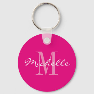 Personalized neon pink monogram button keychain
