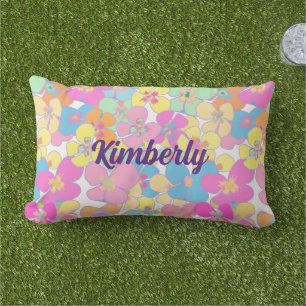 Personalized Neon Retro Floral Pink Lumbar Pillow