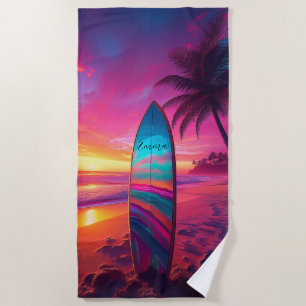  Personalized Neon Sunset Surf   Beach Towel
