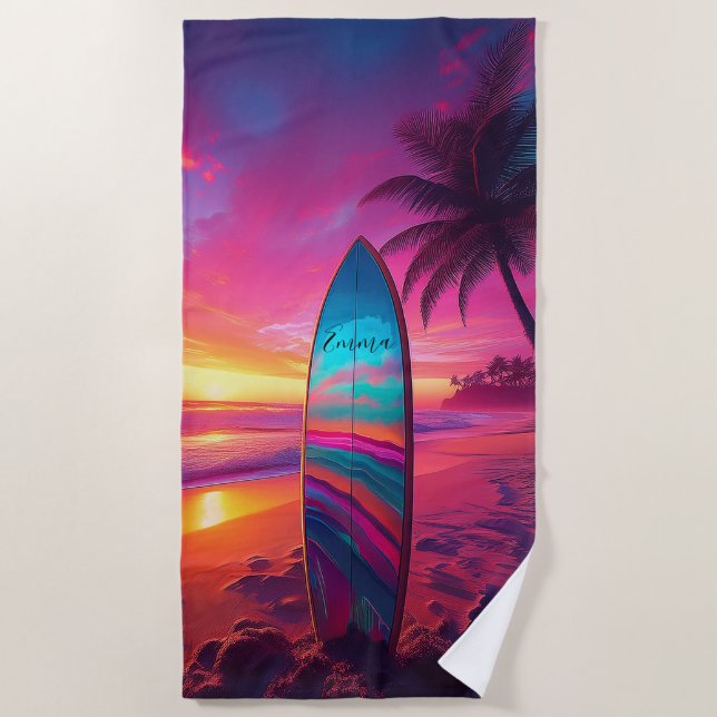 Personalized Neon Sunset Surf   Beach Towel (Front)