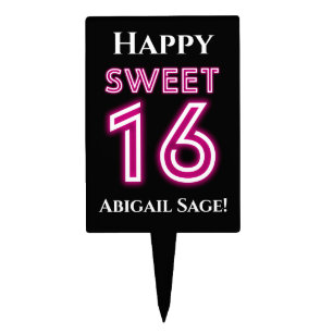 Personalized Neon Sweet Sixteen Hot Pink, Black Cake Topper