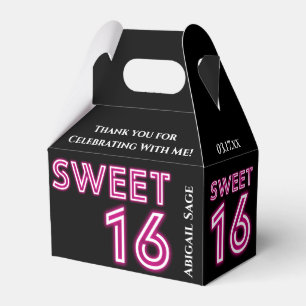Personalized Neon Sweet Sixteen Hot Pink, Black Favor Boxes