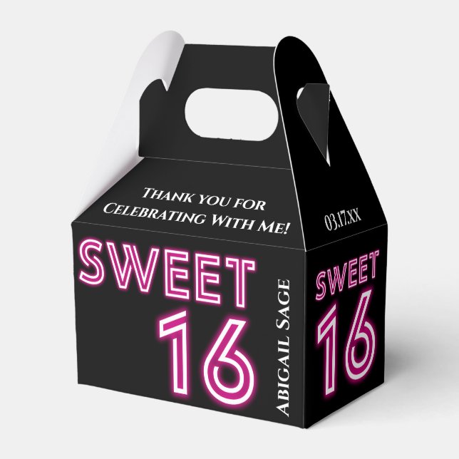 Personalized Neon Sweet Sixteen Hot Pink, Black Favor Boxes (Front Side)