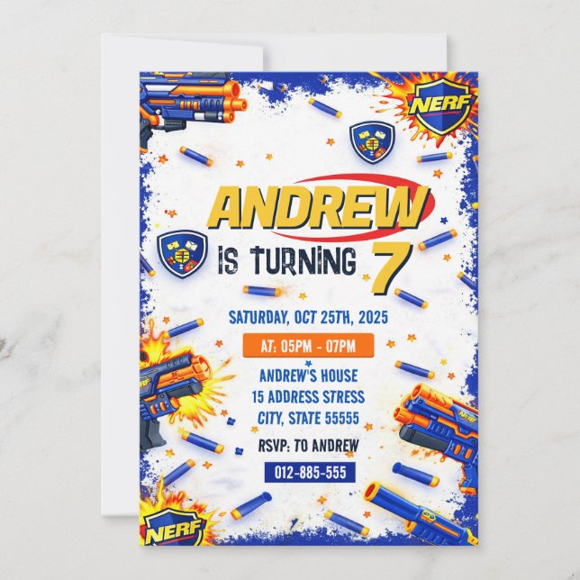 Personalized Nerf War Birthday Party Invitation  (Front)