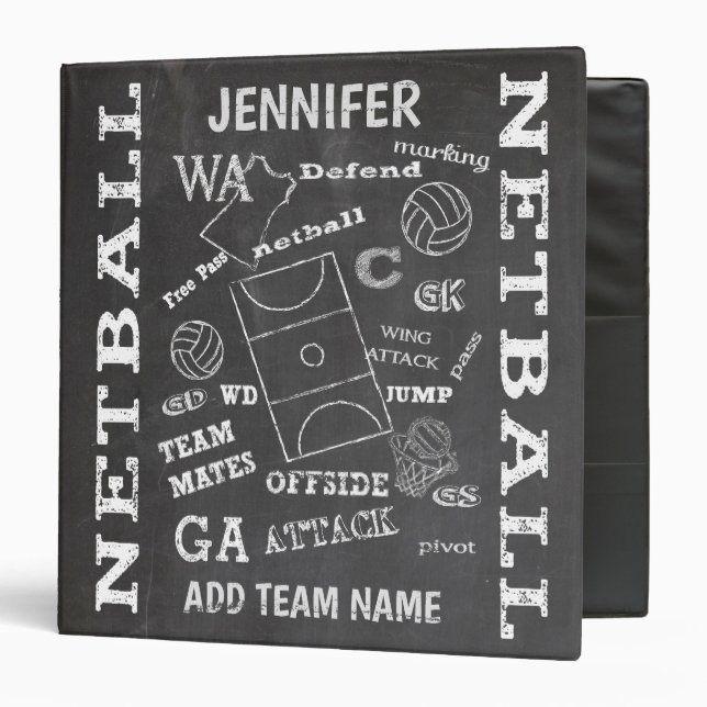 Personalized netball chalkboard style 3 ring binder (Front/Inside)