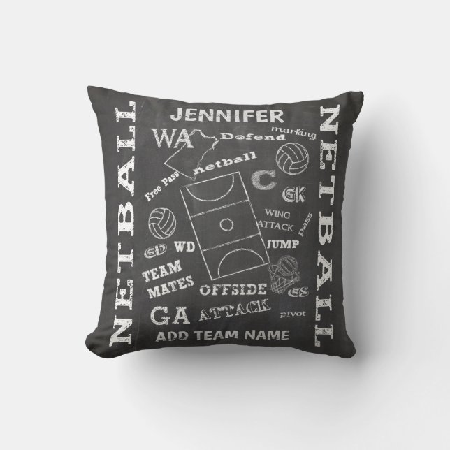 Personalized netball chalkboard style throw pillow (Front)