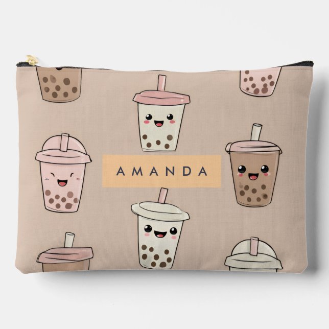 Personalized Neutral Cute Milky Bubble Tea Accessory Pouch (Front)