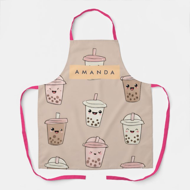 Personalized Neutral Cute Milky Bubble Tea Apron (Front)