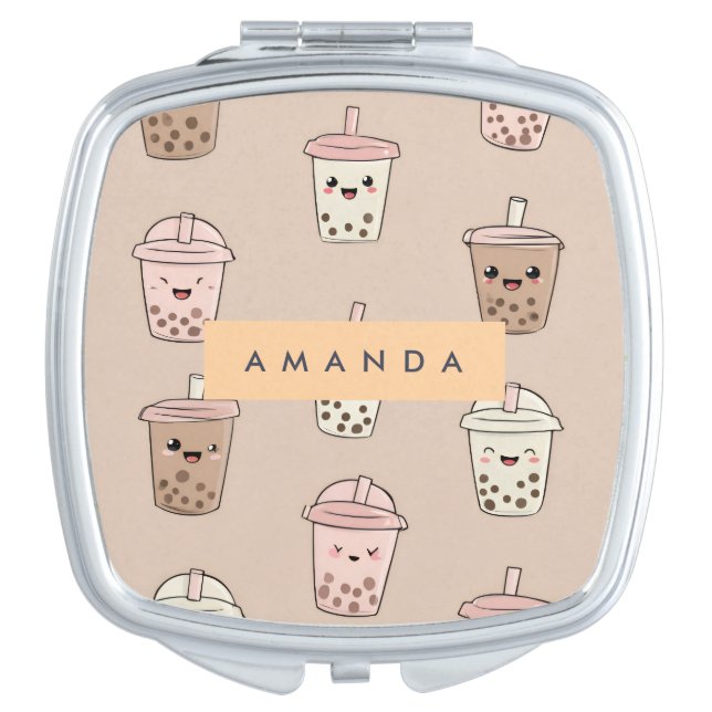 Personalized Neutral Cute Milky Bubble Tea Compact Mirror (Front)