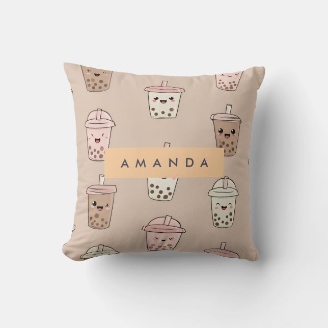 Personalized Neutral Cute Milky Bubble Tea Throw Pillow (Front)