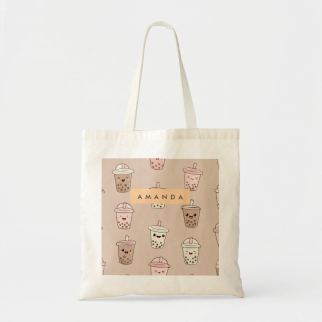 Personalized Neutral Cute Milky Bubble Tea Tote Bag (Front)