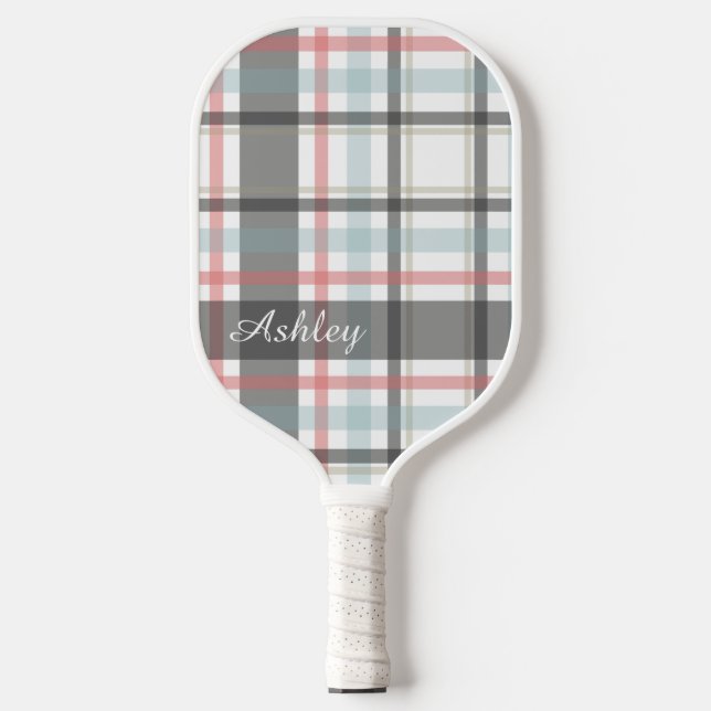  Personalized Neutral Plaid (Red Stripe)  Pickleball Paddle (Front)