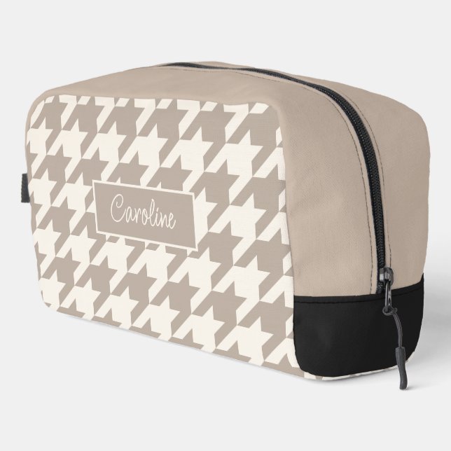 Personalized Neutral Taupe Beige Houndstooth Dopp Kit (Right Corner)