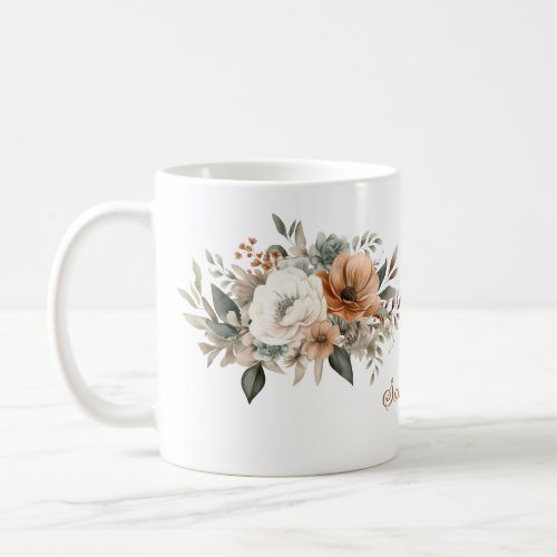Personalized Neutral Watercolor Floral Bouquet  Coffee Mug