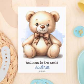 Personalized New Baby Blue Teddy Bear Card 