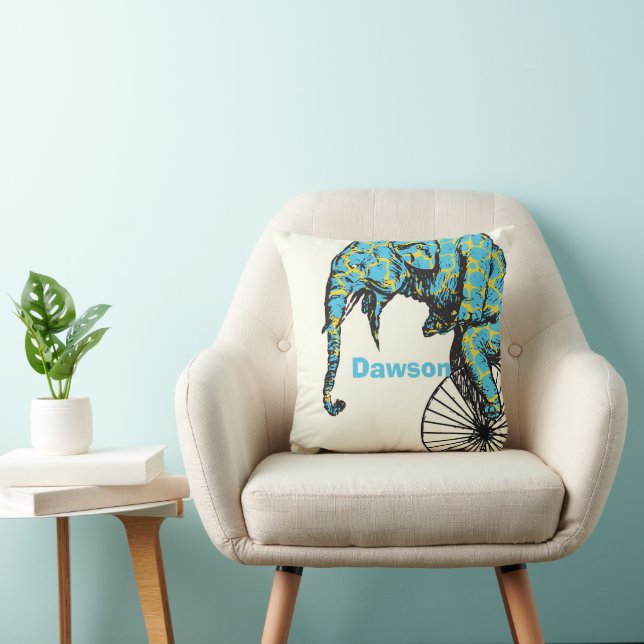 Personalized New Baby Boy's Room Circus Elephant Throw Pillow (Chair)