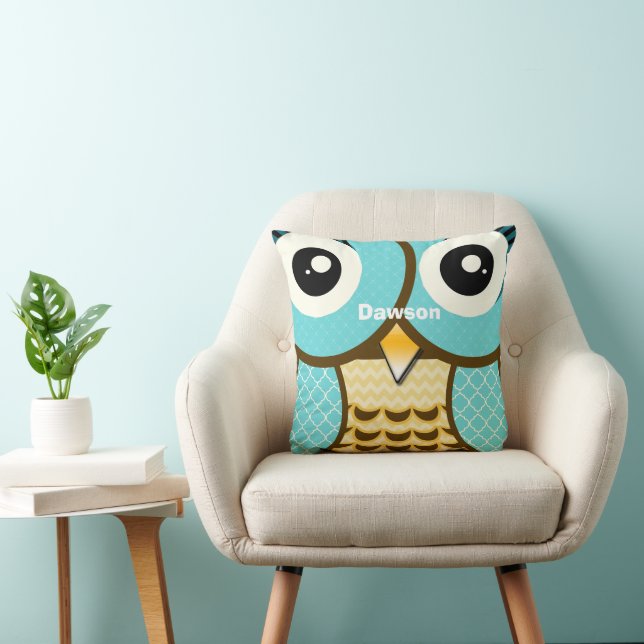 Personalized New Baby Boy's Room Cute Aqua Owl Throw Pillow (Chair)