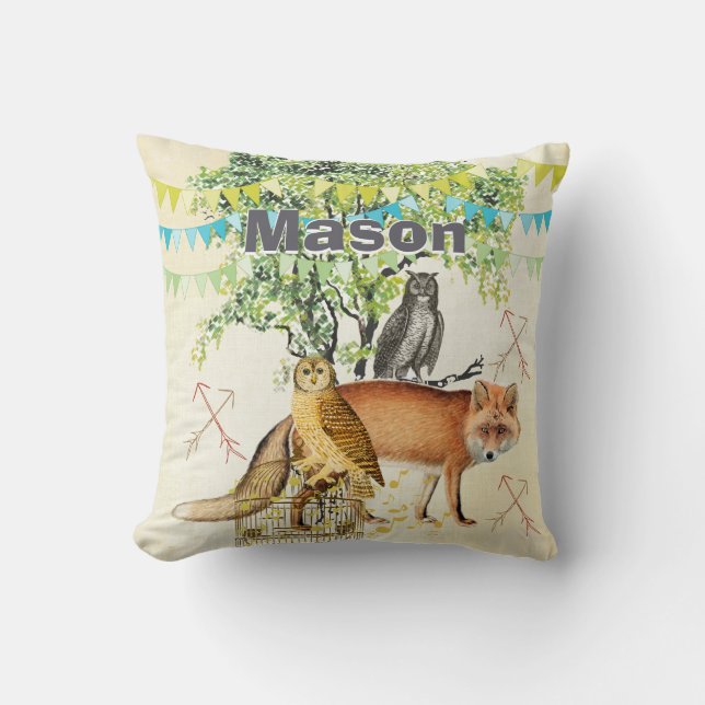 Personalized New Baby Boy's Room Cute Fox and Owl Throw Pillow (Front)