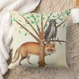 Personalized New Baby Boy's Room Cute Fox and Owl Throw Pillow