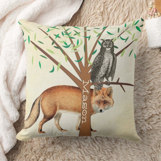 Personalized New Baby Boy's Room Cute Fox and Owl Throw Pillow (Blanket)