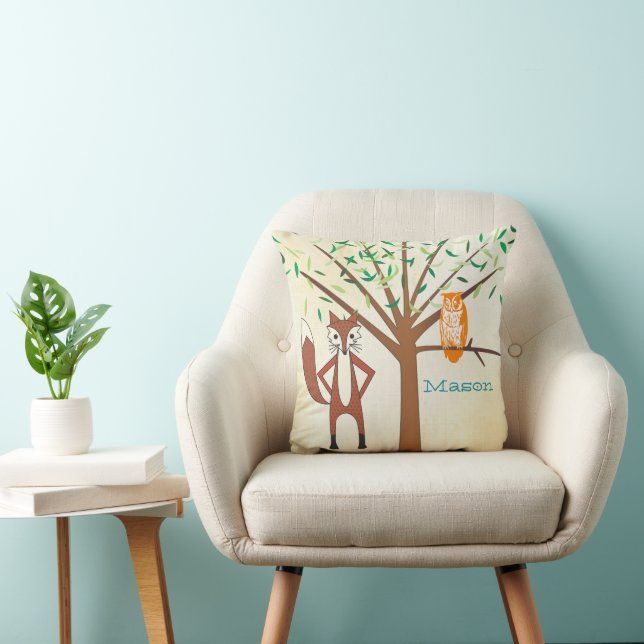 Personalized New Baby Boy's Room Cute Fox and Owl Throw Pillow (Chair)