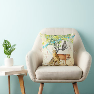 Personalized New Baby Boy's Room Cute Fox and Owl Throw Pillow